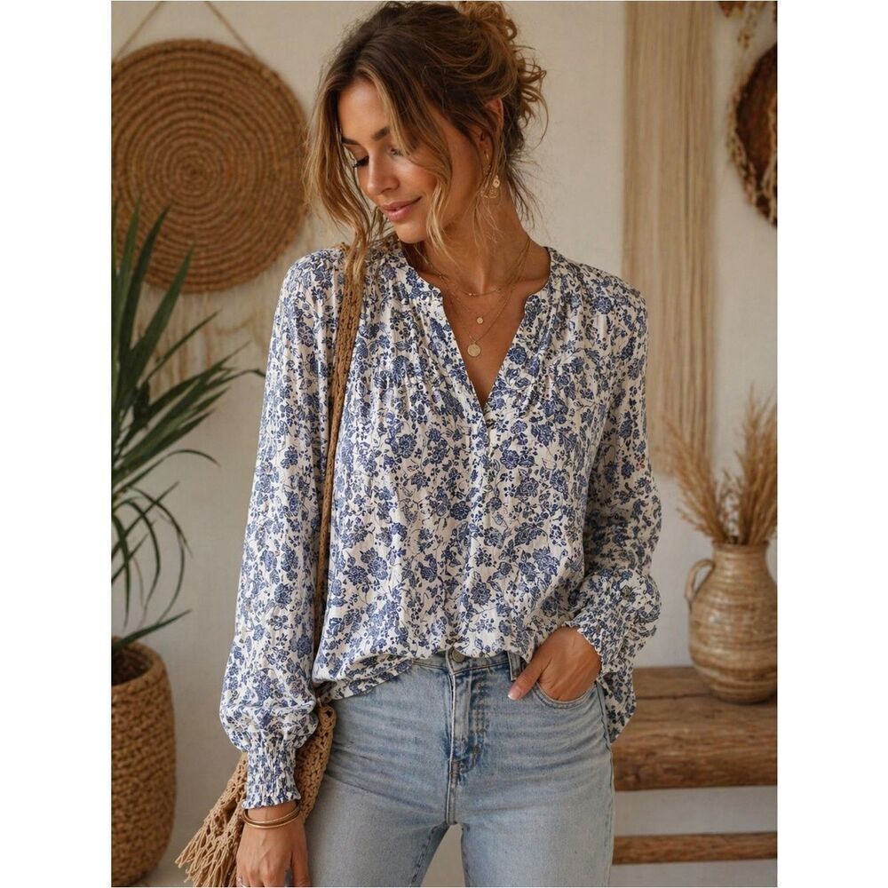 Tamara H Boho Chic Blue Floral Peasant Blouse